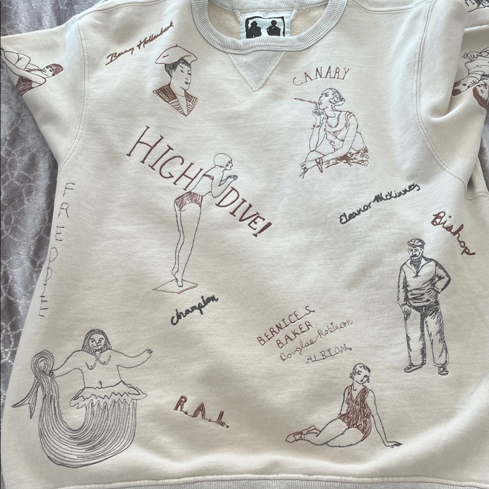 Graphic Cream Crewneck Sweater with Illustrated Motifs {small stain} - Picture 2 of 16